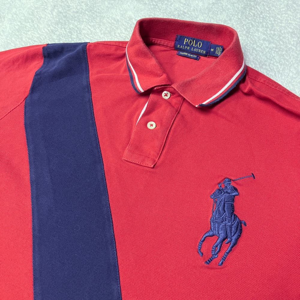 Polo‎ Ralph Lauren Polo Shirt Red Navy Blue Sash Big Pony Custom Slim Fit Mens M